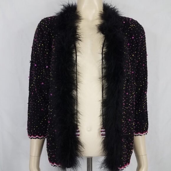 Berek black pink beaded feather trimmed open front cardigan sweater women Medium - Picture 1 of 8